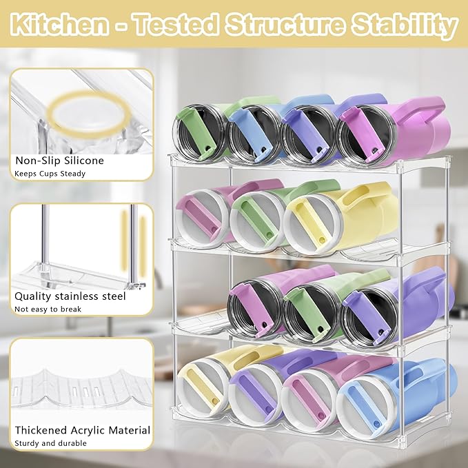 Spaclear Water Bottle Organizer - Stackable Water Bottle Holder for Cabinet, Large Compartment Tumbler Organizer Wine Racks, Kitchen Organization and Storage for Stanley Cup Holder, 4 Tier Hold 16