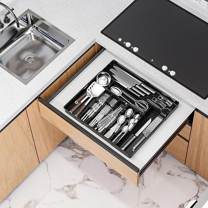 BPA-Free Expandable Utensil Drawer Organizer - Black Plastic Adjustable Storage Tray for Kitchen Flatware, Knives, Forks and Spoons
