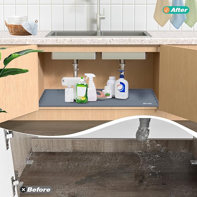 Waterproof Under Sink Mat 28" x 19", Silicone Cabinet Liner, Rubber Protector for Kitchen and Bathroom, Keeps Cabinets Clean, Dry, and Organized (Grey)