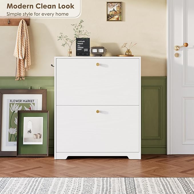 Nicetree Shoe Cabinet with 2 Flip Drawers, Narrow Shoe Organizer Cabinet, Freestanding Shoe Rack Cabinet, Morden Shoe Storage Cabinet for Entryway, Hallway, Foryer, White