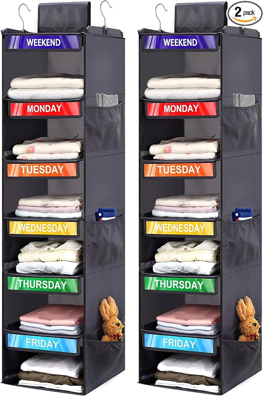 2 Pack 6-Shelf Weekly Clothes Organizer for Kids, Grey