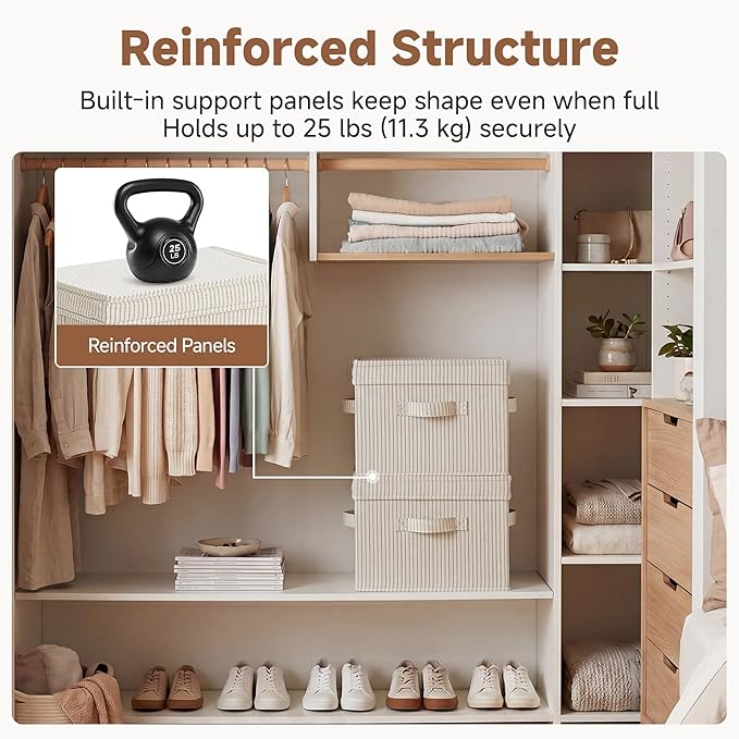 StorageWorks Fabric Storage Bins with Lid, Decorative Storage Boxes for Shelves, Stackable Closet Organizer Basket with Handles, Medium, Khaki and Beige Stripes, 2-Pack