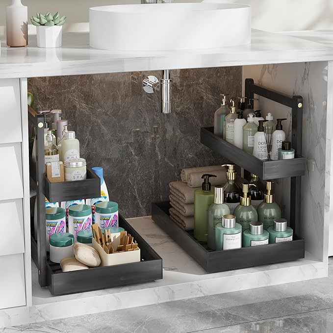 Bamboo Under Sink Storage 2 Tier Pull Out Cabinet Organizer Slide Out Under Sink Storage Shelf Undersink Organizers Shelves for Kitchen Bathroom Organization (Black, 2 Packs)