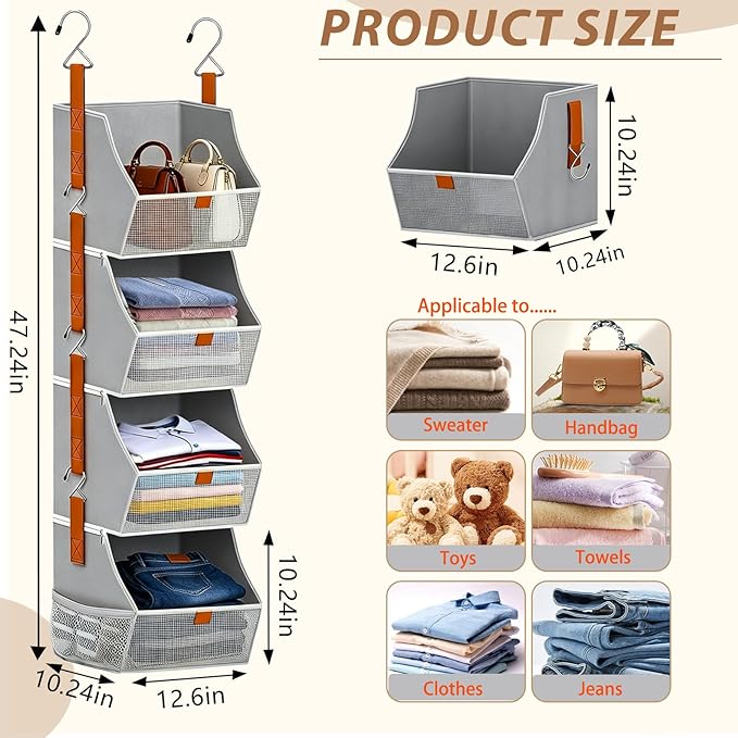 Fabric 4 Tier Hanging Closet Organizers Heavy Duty Shelf Hanging Storage Towel Clothes Sweater Jeans Bag Organizer For Closet For Bedroom,Dorm,RV,See Through Front Panel, Space-Saving (Grey-4Tier)