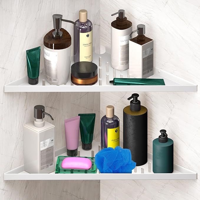 Bathroom Corner Shelves for Shower - Adhesive / Stick / Drill / No Drill - 16" Strong White Floating Corner Shelf for Tiled Wall, Bathroom, Inside Shower Caddy, Shelf Wall Mount Triangular, Organizer