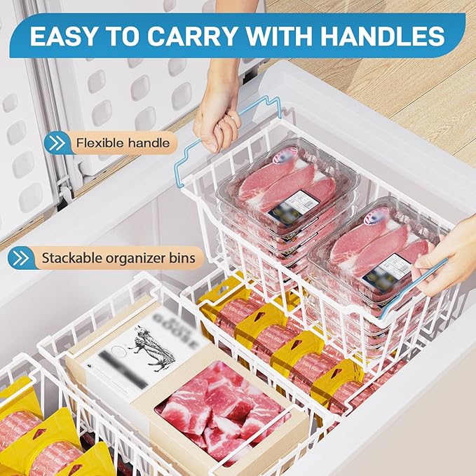 SUNALLY Freezer Organizer Bins, 4 Pack Chest Freezer Organizer Stackable for 5-7 Cu.FT Deep Freezer Sort Frozen Meats and Food, Freezer Storage Baskets with Handles Easy Reach from Bottom, White