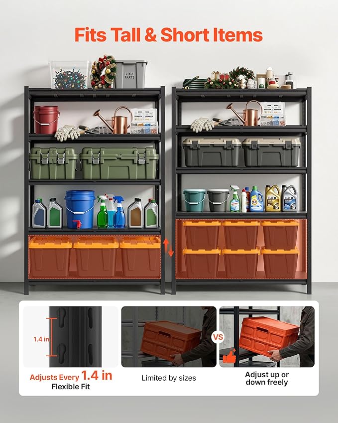 VEVOR Storage Shelves, 5-Tier Adjustable, 2500 lbs Capacity, Heavy Duty Garage Storage Shelving Unit, Metal Utility Rack Shelf, for Garage Warehouse Basement Kitchen, 48.43" W x 18.31" D x 71.38" H