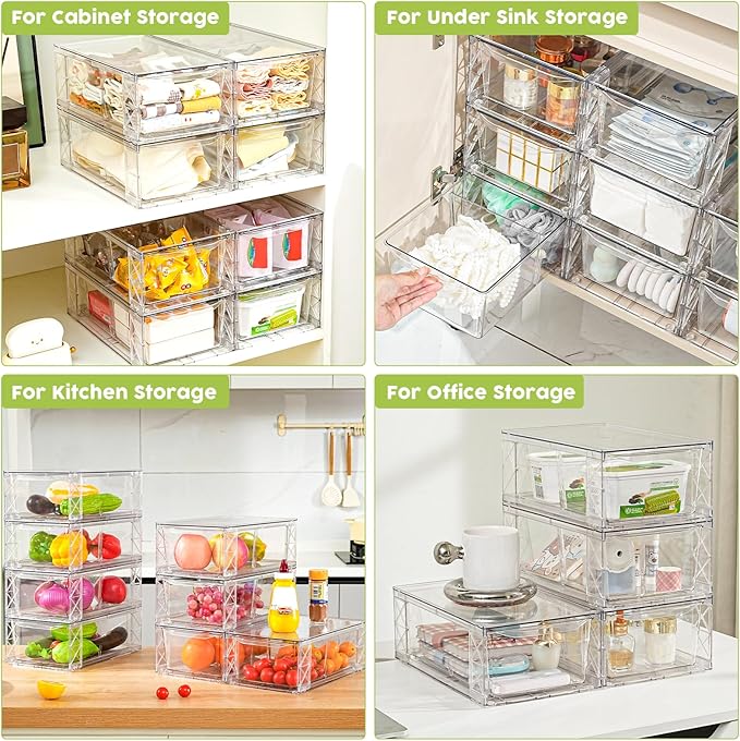 6Pack Acrylic Storage Drawers, Clear Stackable Storage Drawers, Acrylic Storage Bins with Drawers for Fridge Organizers, PlasticDrawers Stackable for Makeup Organizers Cosmetic Display, Medium