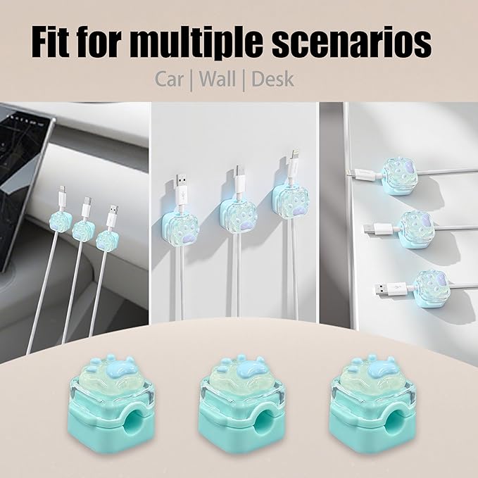 9Pack Magnetic Cable Clips for Nightstand, Adhesive Night-Glowing Cord Holder Organizer for Office Home Desk Wall Car (Blue,Cat)