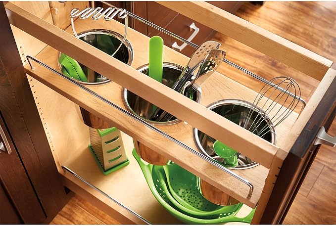 Rev-A-Shelf 8 in. Pull Out Storage Organizer for Base Kitchen Cabinets w/Soft-Close, Sliding Shelves for Utilities, Utensils or Spices, Maple, 448UT-BCSC-8C