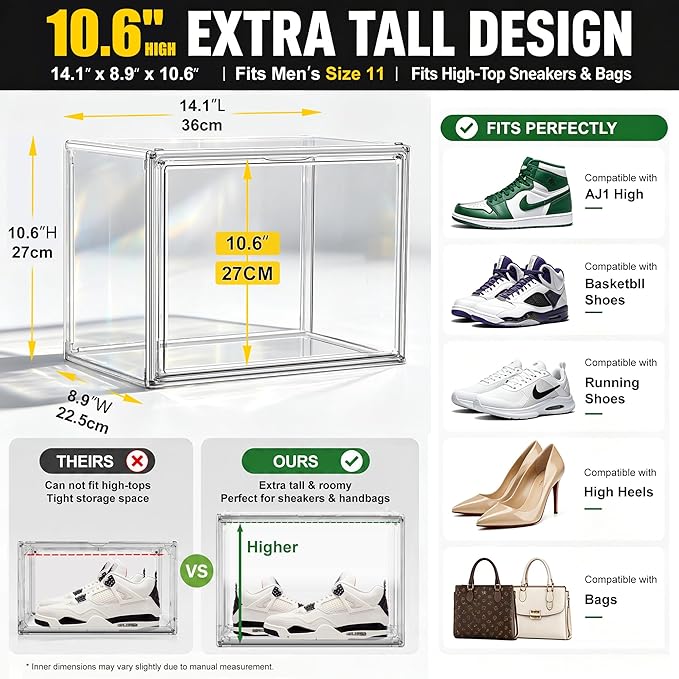 5 Pack Clear Shoe Boxes Stackable, 10.6'' High Sneaker Storage Boxes for High Top Shoes, Magnetic Side Door Shoe Organizer Clear Plastic Shoe Containers for Closet Display