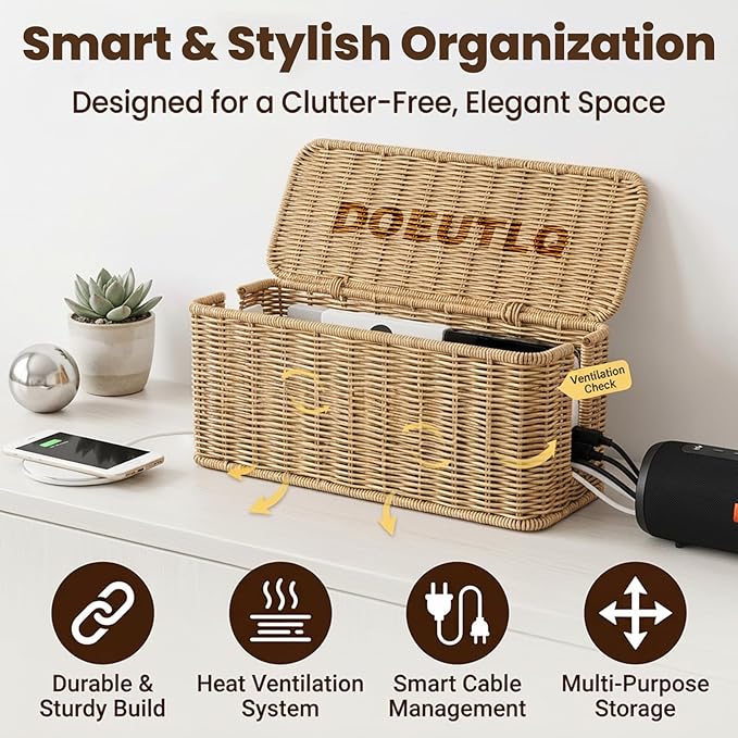 Desk Organizer Decorative Rattan Decor Countertop Cable Management Box Charging