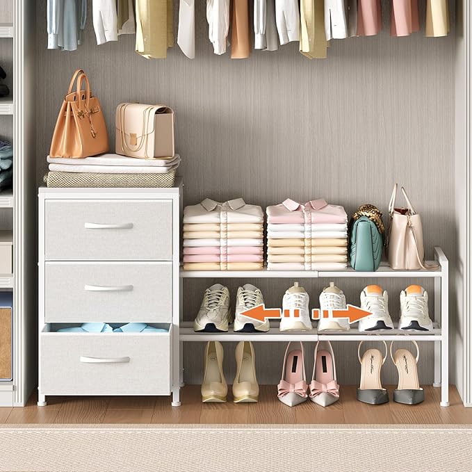 Cidaziya Expandable Closet Organizers and Storage, White Fabric Storage Dresser, 3 Drawer Dresser, Clothes Shelves for Kids, Purse Organizer Small Shoe Rack for Closet Bedroom(31.29~43.42 in)
