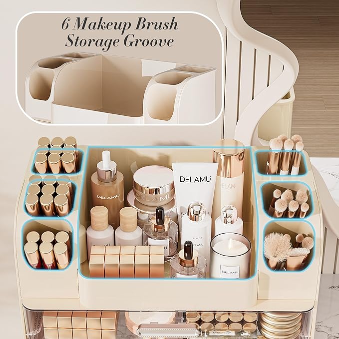 Large Makeup Organizer Countertop with 6 Brush Holders, Cream White