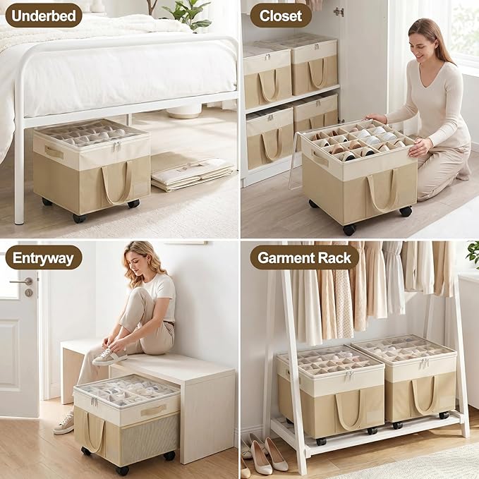 Large Shoe Organizer for Closet, Adjustable Dividers Shoe Storage Box Bins with Wheels Clear Cover Reinforced Handle Side Pocket Fits up to 16 Pairs, Foldable Shoe Organizer for Entryway Beige