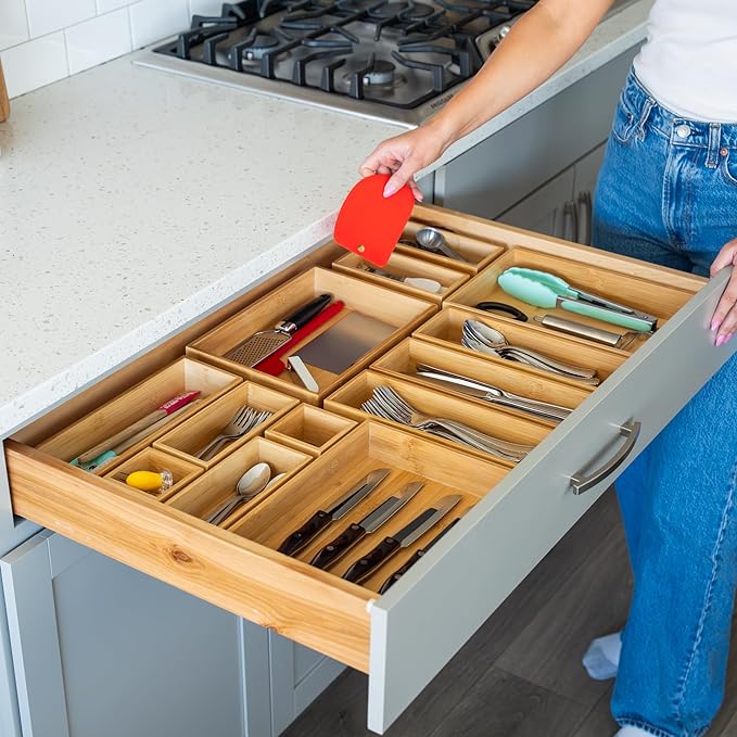 Grow Forward Bamboo Drawer Organizer Boxes - Set of 14 Wooden Drawer Organizers for Kitchen, Bathroom, Office, Desk, Vanity, Makeup - Non-Slip Junk Drawer Organizer Trays for Storage and Organization