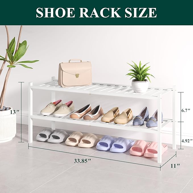 Smiry Bamboo Shoe Rack for Closet, 2 Tier Long Wooden Shoe Organizer, Stackable Wood Shoe Storage Shelf for Entryway, 14 Vertical Slats, One-piece Heavy-Duty Legs, 33.86"x11.02"x12.99", White