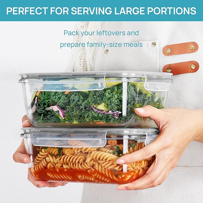 Vtopmart 2Pack 1860ml/63oz Large Glass Storage Containers with Lids, Meal Prep Food Container Set with Snap Airtight Lid for Baking, Microwave, Oven, Leak Proof, for Freezer, Dishwasher, Grey