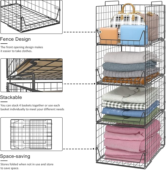 Jakyitvi Stackable Closet Organizers and Storage Bins 4 Pack, Sturdy Metal Clothes Storage Container for Clothes Pants Sweaters, Black Folded Drawer Shelf Organizer for Closet Wardrobe
