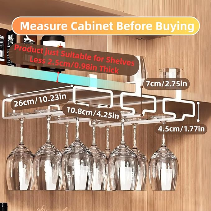 LINFIDITE 2 Pack Wine Glass Holder Stemware Rack Hanger Under Cabinet Wine Glass Rack Kitchen Hanging Storage Rack Organizer,White(For Partition Thickness under 0.98")