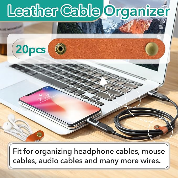 20 Pcs Leather Cord Organizer - Brown Leather Cord Ties for Charging Cords, Reusable Charging Cable Organizers