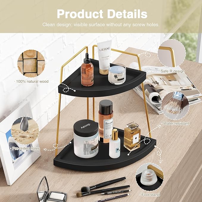 Black and Gold Corner Bathroom Counter Organizer
