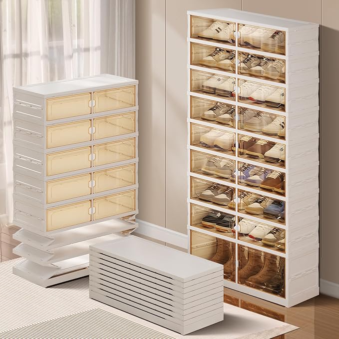 CIMLORD 9-Tier Foldable Shoe Rack Organizer for Closet, 27 Pairs Collapsible Plastic Shoe Shelf, Large Shoes Cabinet with Door, Clear Stackable Storage Box Easy Assembly White