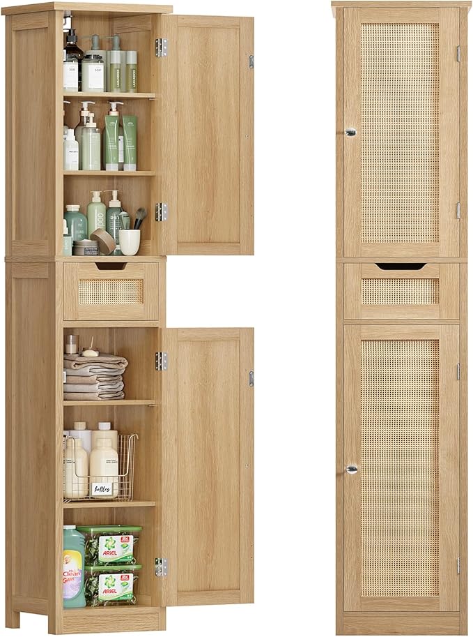 Iwell Tall Bathroom Cabinet, Slim Narrow Storage Cabinet with Adjustable Shelves, Rattan Cabinets with 1 Drawer, for Bathroom, Living Room, Entryway, Kitchen, Nature