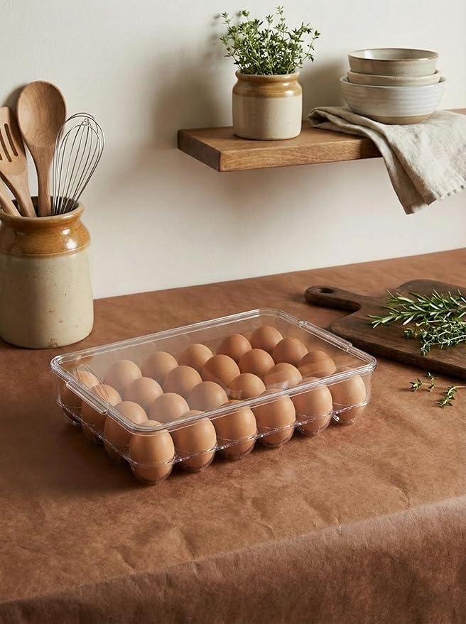 Clear Egg Holder for Refrigerator - Stackable Plastic Egg Tray with Lid, Large Capacity Egg Storage Bin, Durable Fridge Organizer for Kitchen & Countertop - Holds 24 Eggs