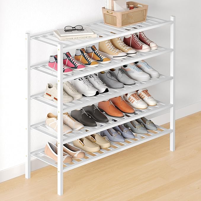 Smiry Bamboo Shoe Rack for Closet, 5 Tier Long Wooden Shoe Organizer, Stackable Wood Shoe Storage Shelf for Entryway, 14 Vertical Slats, 2+3 Stack Heavy-Duty Legs, 33.86"x11.02"x31.3", White