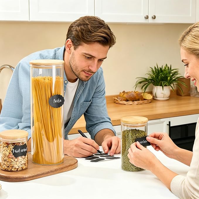 Vtopmart Glass Food Storage Jars, 3 Pack Kitchen Containers with Airtight Bamboo Wooden Lids for Pasta, Cookies, Nuts, Coffee Beans, Cereal, Canisters Set for Flour, Pantry Organization, BPA Free