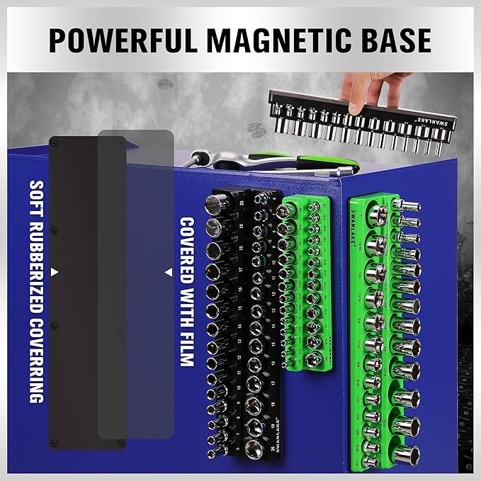 SWANLAKE 4-Piece Magnetic Socket Organizer Set, Metric & SAE Socket Holder Set Includes 1/4", 3/8" Drive Sockets Trays, Magnetic Sockets Organizer for Tool Box Drawer