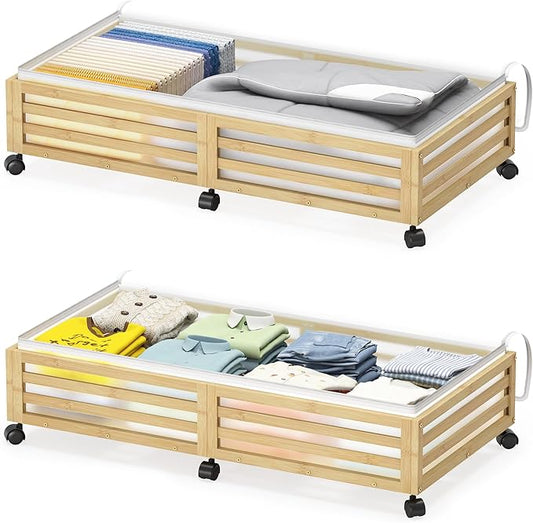 Under Bed Storage Containers With Wheels - 2 Pcs Large Bamboo Wood Rolling Underbed Shoe Storage Bins With Dust Bags for Clothes Blankets, Duvet Covers Snacks Toys (Natural)