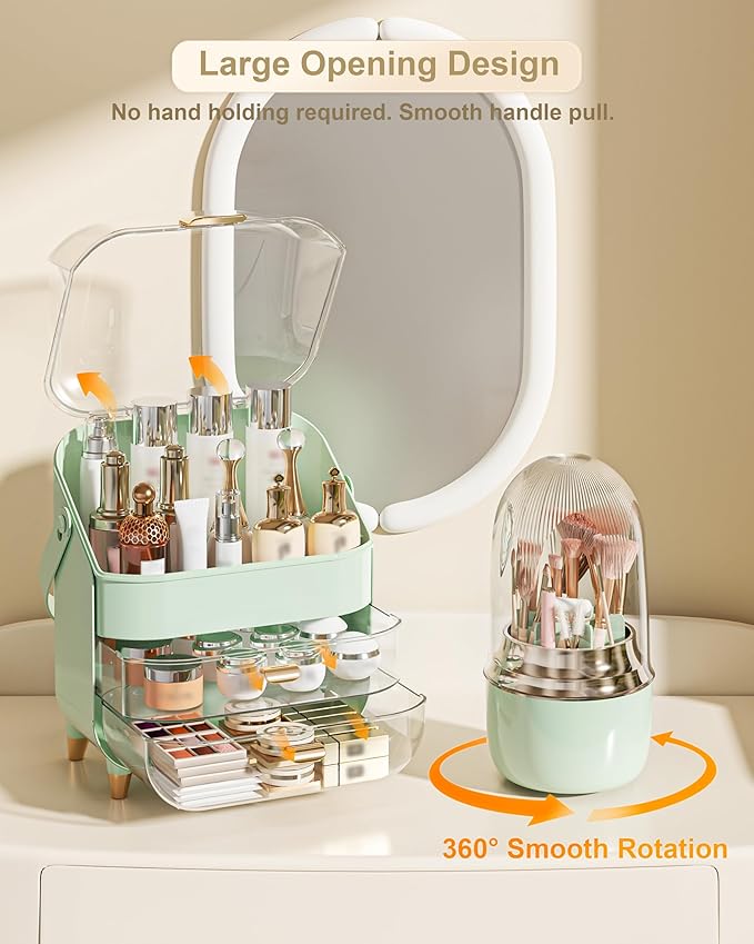 Makeup Organizer Countertop, Skincare Holder Bathroom Counter Organizer, Storage Box Cosmetic Display Cases, Teen Girl Gifts Make up Organizers (Green/Brush)