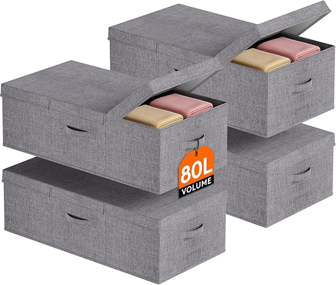 Lifewit 80L Under Bed Storage Containers, 9.8 Inch Tall Underbed Clothes Storage Organizer Bin with Sturdy Sidewalls, Bottom, 3 Lids, Deep Storage Drawer for Clothes, Shoes, Blankets, Pillows 4 Pack