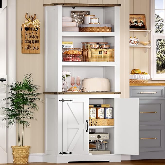 TEENFON 70.9in Tall Storage Cabinet with Adjustable Shelves, Kitchen Pantry Cabinet with 2 Barn Doors, 5 Tiers Farmhouse Bookcase for Living Room, Kitchen, Home Office, Bedroom, White