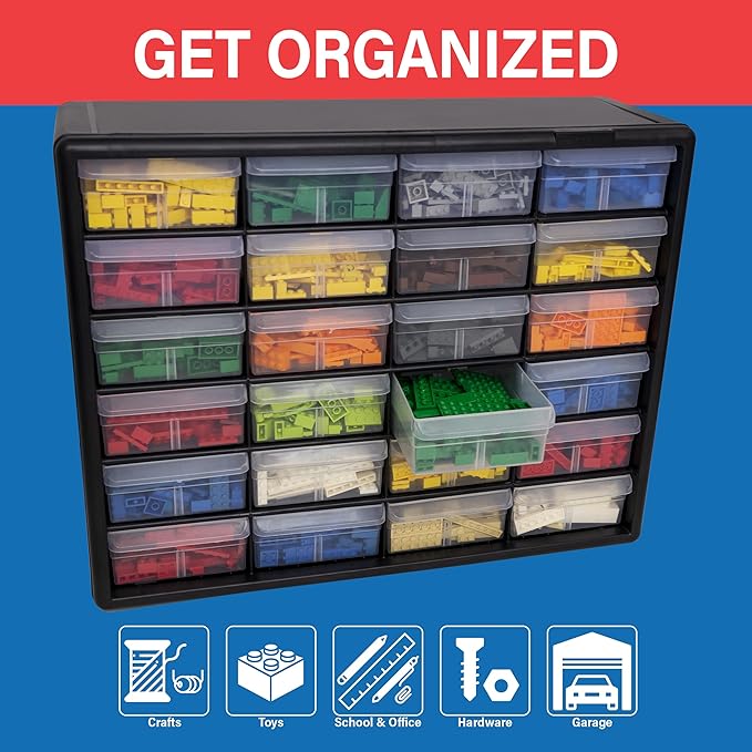 24-Drawer Plastic Drawer Storage Cabinet for Garage Organization, 10124 Black
