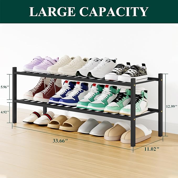Smiry Long Bamboo Shoe Rack, 2 Tier Free Standing Wooden Shoe Organizer, Stackable Wood Shoe Storage Shelf for Closet, Entryway, 12 Vertical Slats, One-piece Standard Legs, 33.7"x11"x13", Black