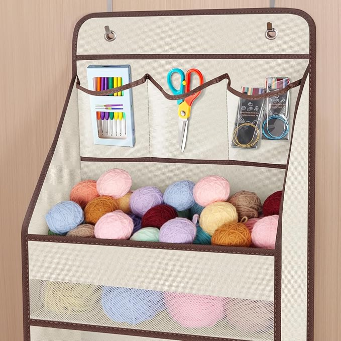 6-Shelf Over Door Hanging Organizer Fabric Baby Door Storage with 5 Large, Beige
