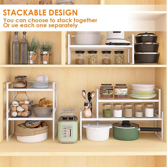 DOLALIKE Expandable Kitchen Countertop Organizer, Stackable Cabinet Shelf Organizers, Space Saving Spice Rack Pantry Storage for Bathroom Office Organization (White, 1 Tier)