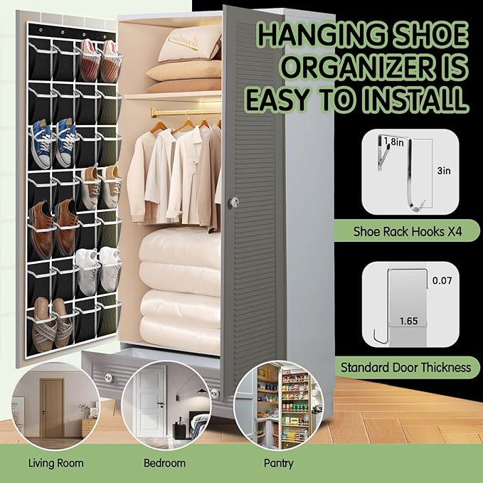 Kotkn 28 Compartment Over the Door Shoe Organizer, Breathable Mesh Large Shoe Rack for Closet Storage, Space Saving Hanging Shoe Holder with Reinforced Hooks (Fits Men & Women,Black-01)