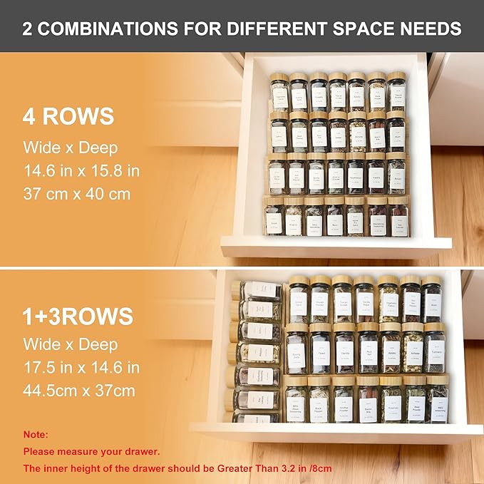 Spice Drawer Organizer with 35 Bamboo-lidded Spice Jars, 216 Labels
