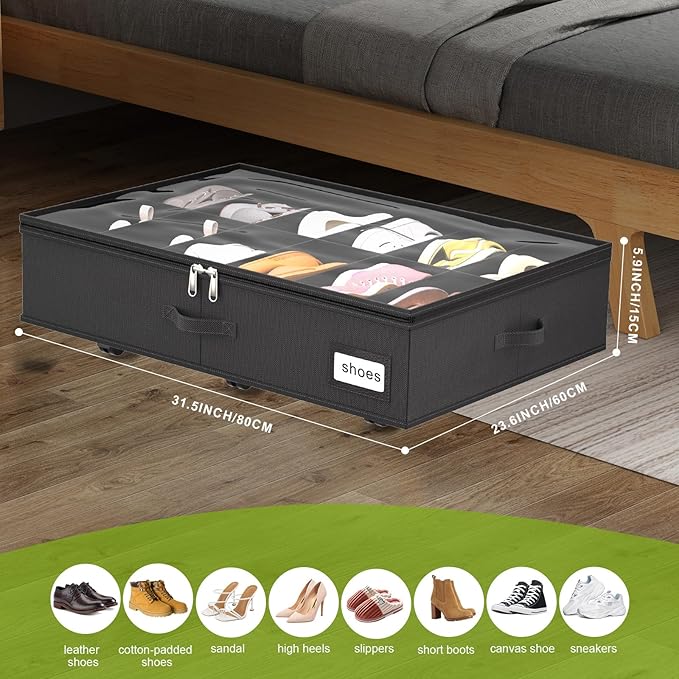 Under Bed Shoe Storage with Wheels, Fits 24 Pairs, Black