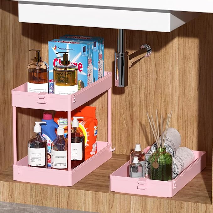 SPACEKEEPER Rolling Storage Cart 3 Tier, Bathroom Cart Organizer Laundry Room Organizer Utility Cart Mobile Shelving Unit Multi-Functional Shelves for Office, Kitchen, Bathroom, Pink