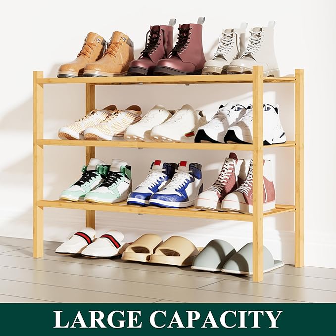 Smiry Bamboo Shoe Rack, 3 Tier Free Standing Wooden Shoe Organizer, Stackable Wood Shoe Storage Shelf for Closet, Entryway, 12 Vertical Slats, 2+1 Stack Standard Legs, 26.8"x11"x19.5", Natural