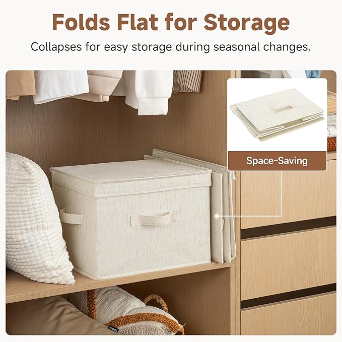 StorageWorks Fabric Storage Bins with Lid, Decorative Storage Boxes for Shelves, Stackable Closet Organizer Basket with Handles, Large, Beige, 2-Pack