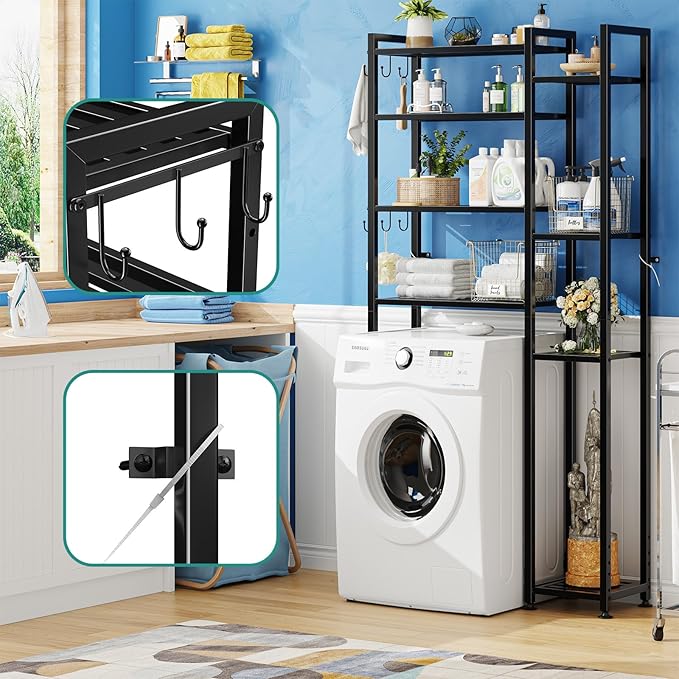 Simple Trending 8 Tier Over The Toilet Storage with Side Rack, Bathroom Organizer Metal Shelves for Towels, Black
