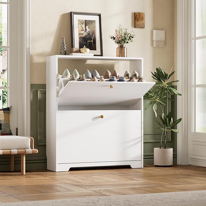 Nicetree Shoe Cabinet with 2 Flip Drawers, Narrow Shoe Organizer Cabinet, Freestanding Shoe Rack Cabinet, Morden Shoe Storage Cabinet for Entryway, Hallway, Foryer, White