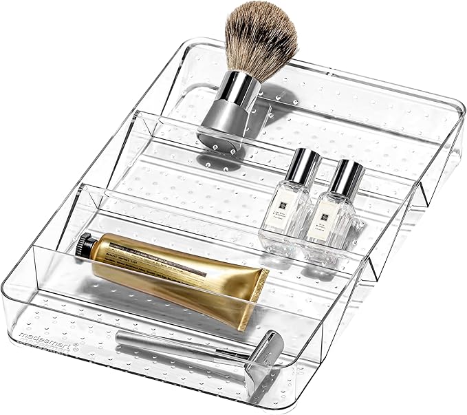 madesmart Angled Storage Tray, Make-up Bathroom Organizer, Lipstick, Razors, Q-Tips, Bath Essentials Angled for Easy-Viewing, Large, Clear