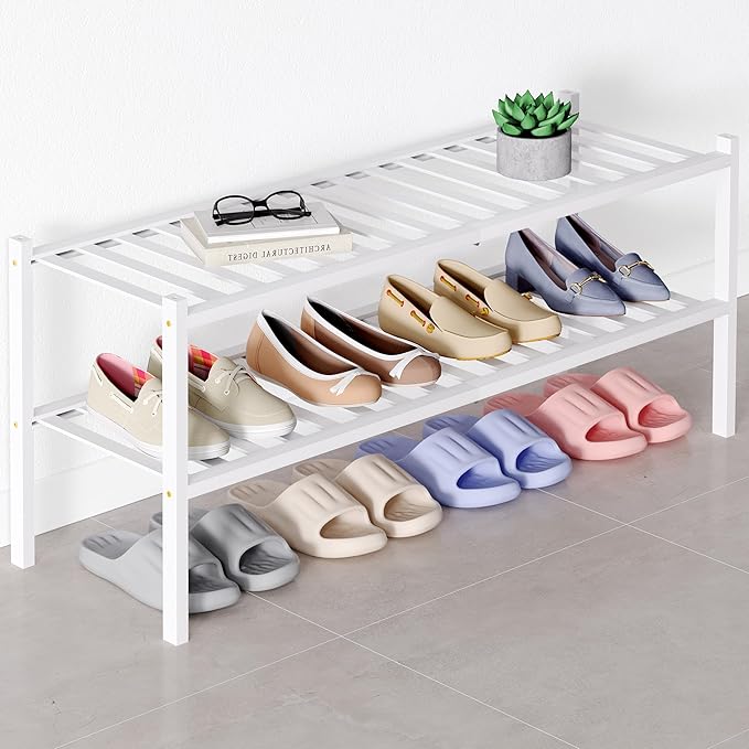 Smiry Bamboo Shoe Rack for Closet, 2 Tier Long Wooden Shoe Organizer, Stackable Wood Shoe Storage Shelf for Entryway, 14 Vertical Slats, One-piece Heavy-Duty Legs, 33.86"x11.02"x12.99", White